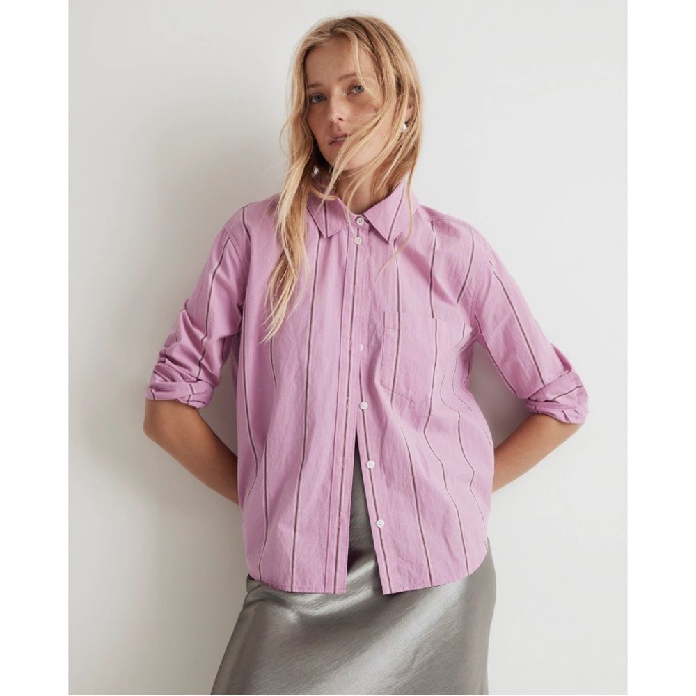 Madewell Signature Poplin Oversized Stripe Boyshirt Size XS Light Petunia Pink